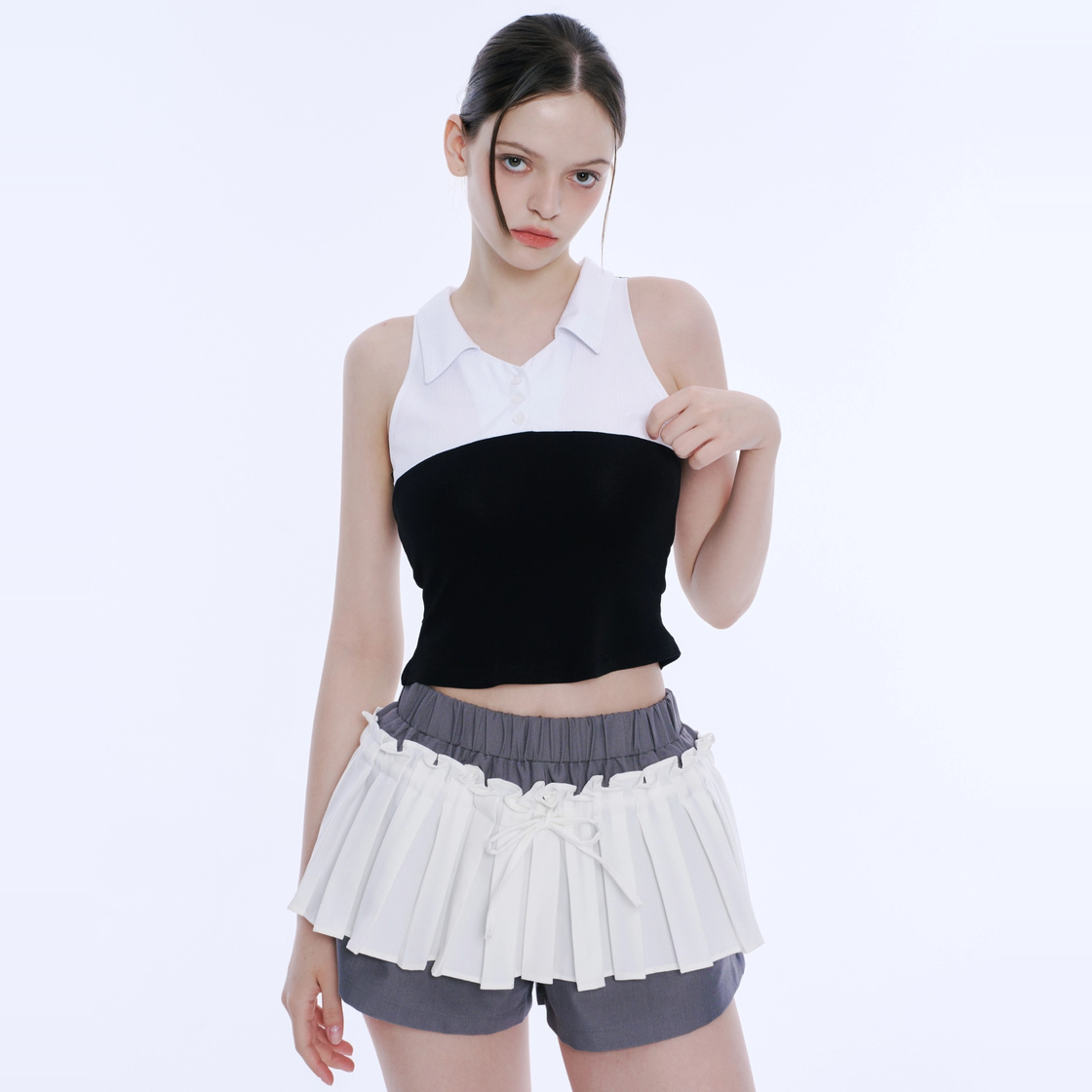 아크메서드 프릴 플리츠 스커트 팬츠 - 화이트 & 그레이(ARCMETHOD Frill Pleated Skirt Pants - White & Grey) - 4