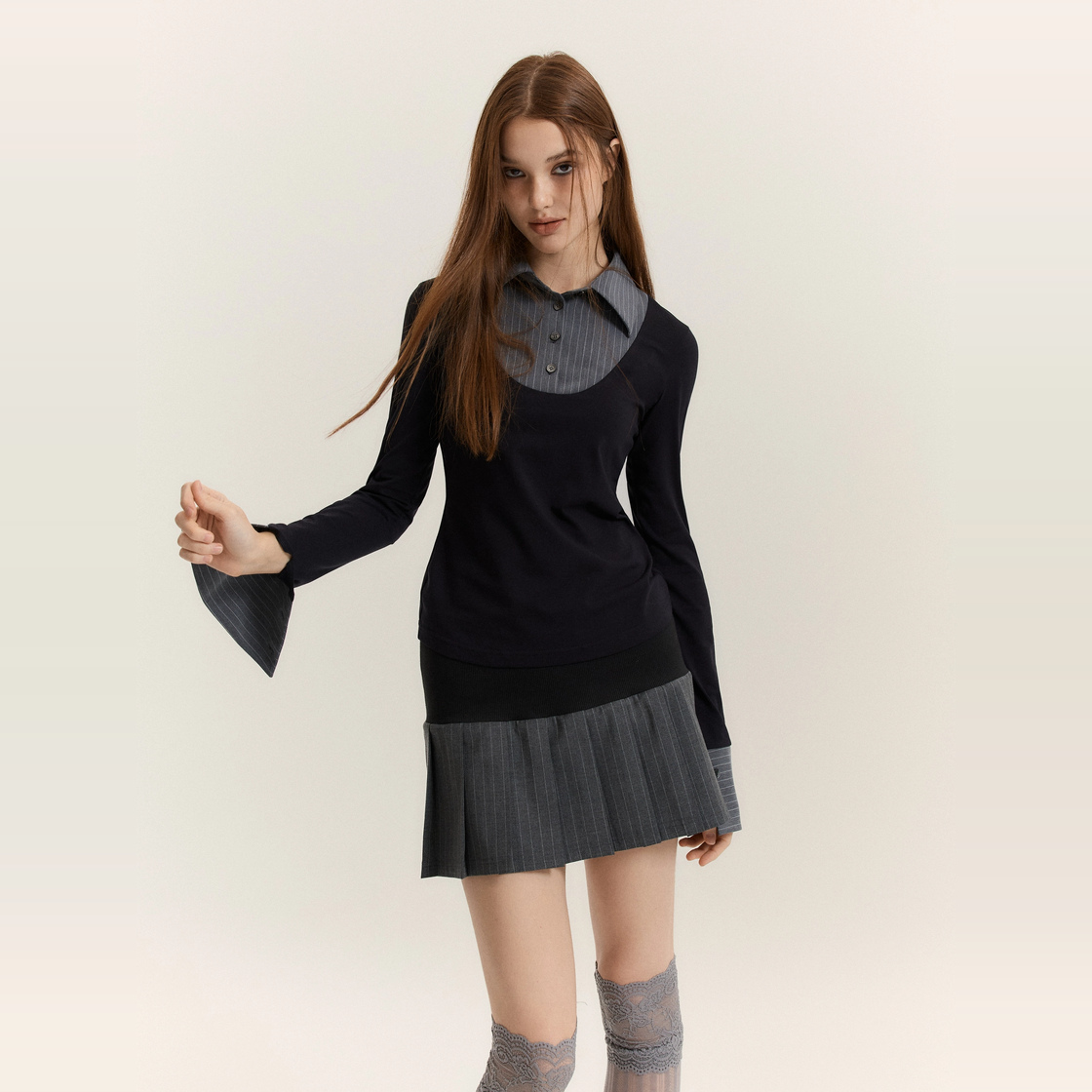 아크메서드 모노 셔츠 레이어드 탑_블랙 + 그레이 스트라이프(ARCMETHOD Mono Shirt-Layered Top - Black + Grey Stripe) - 3