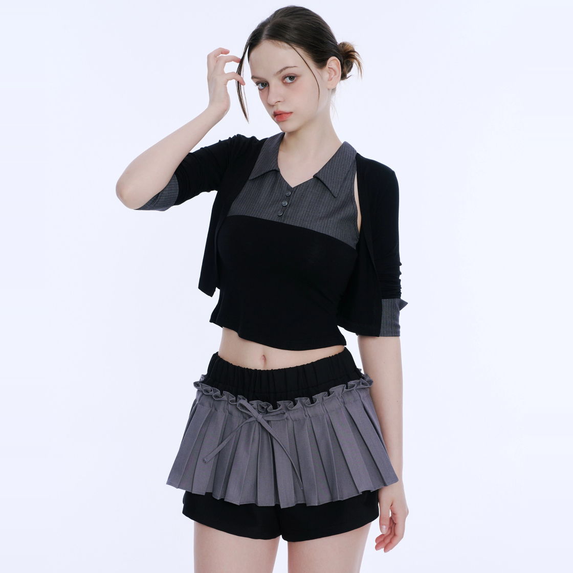아크메서드 프릴 플리츠 스커트 팬츠 - 그레이 & 블랙(ARCMETHOD Frill Pleated Skirt Pants - Grey & Black) - 5