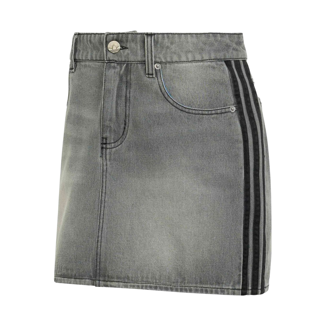 (W) 아디다스 오리지널스 삼선 데님 스커트 워시드 그레이 데님 - KR 사이즈((W) Adidas Originals 3-Stripes Denim Skirt Washed Grey Denim - KR Sizing)