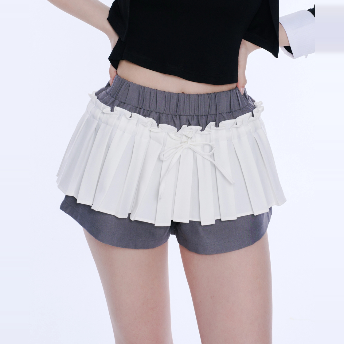 아크메서드 프릴 플리츠 스커트 팬츠 - 화이트 & 그레이(ARCMETHOD Frill Pleated Skirt Pants - White & Grey) - 2