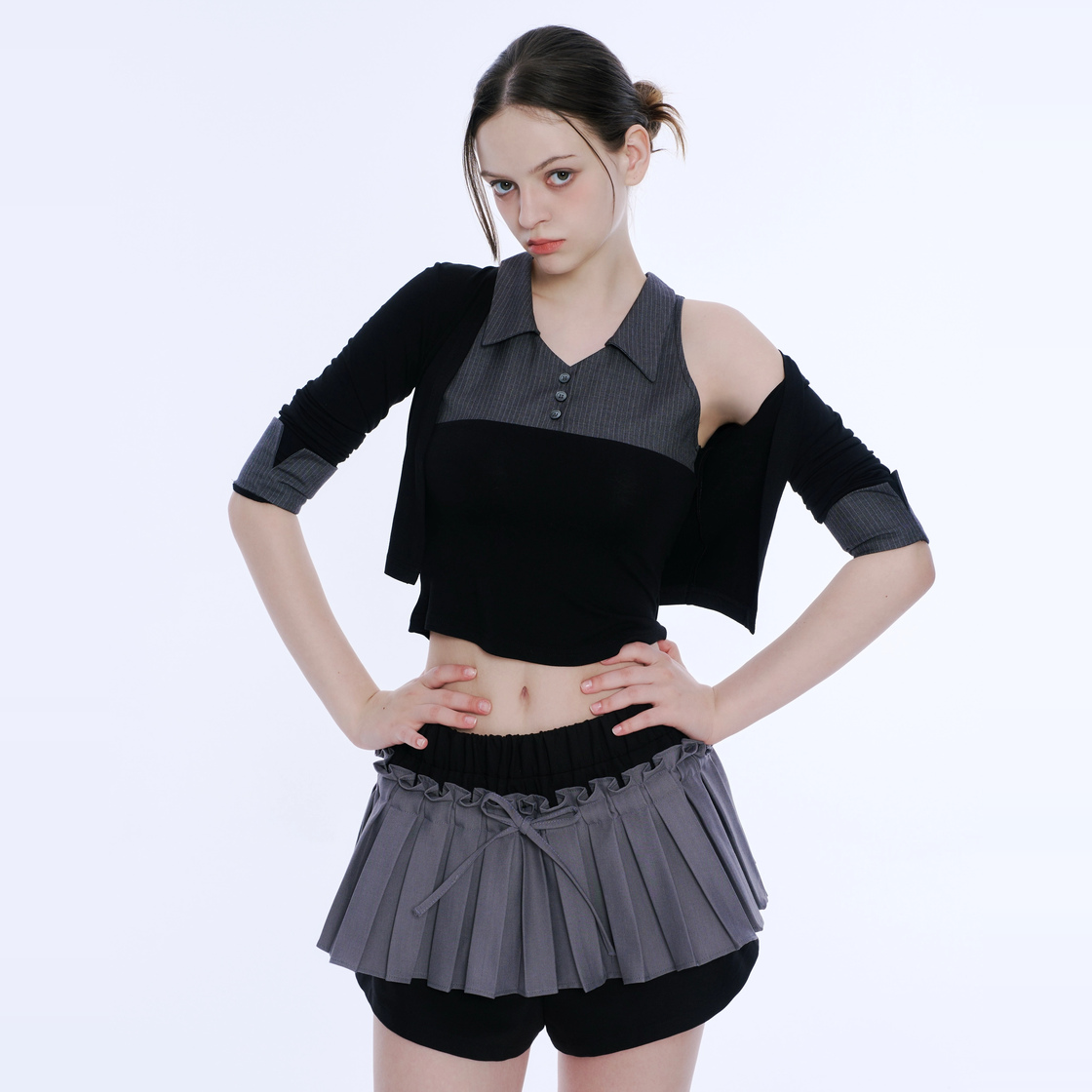 아크메서드 프릴 플리츠 스커트 팬츠 - 그레이 & 블랙(ARCMETHOD Frill Pleated Skirt Pants - Grey & Black) - 4