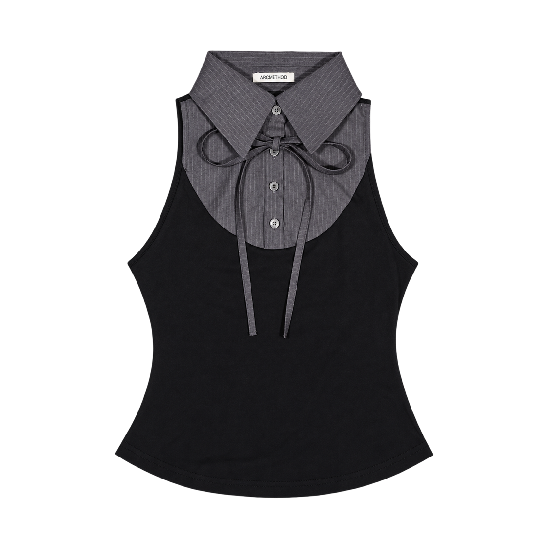 아크메서드 레이어드 리본 카라 슬리브리스 티 - 그레이 스트라이프(ARCMETHOD Layered Ribbon Collar Sleeveless Tee - Grey Stripe)