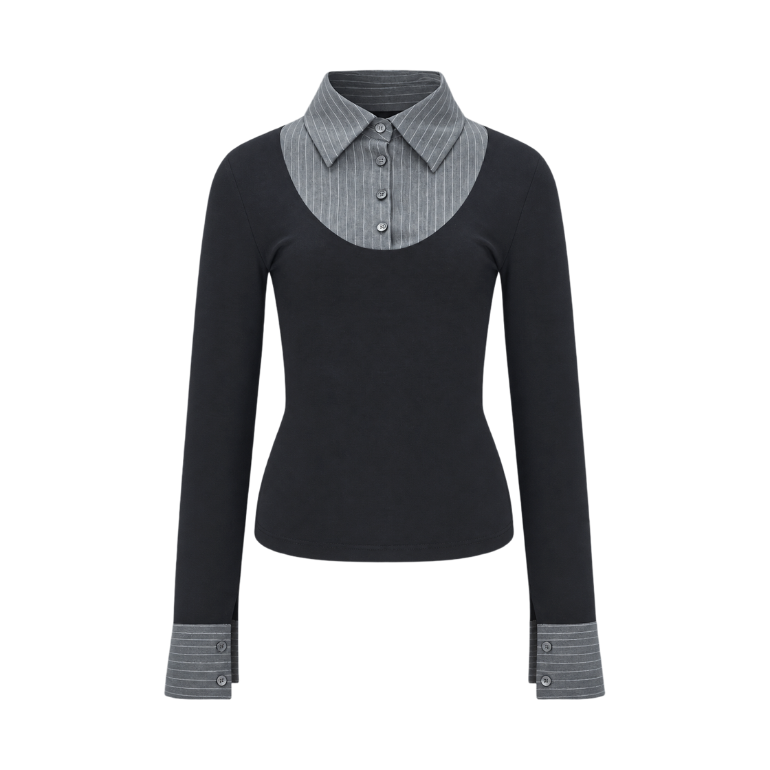 아크메서드 모노 셔츠 레이어드 탑_블랙 + 그레이 스트라이프(ARCMETHOD Mono Shirt-Layered Top - Black + Grey Stripe)
