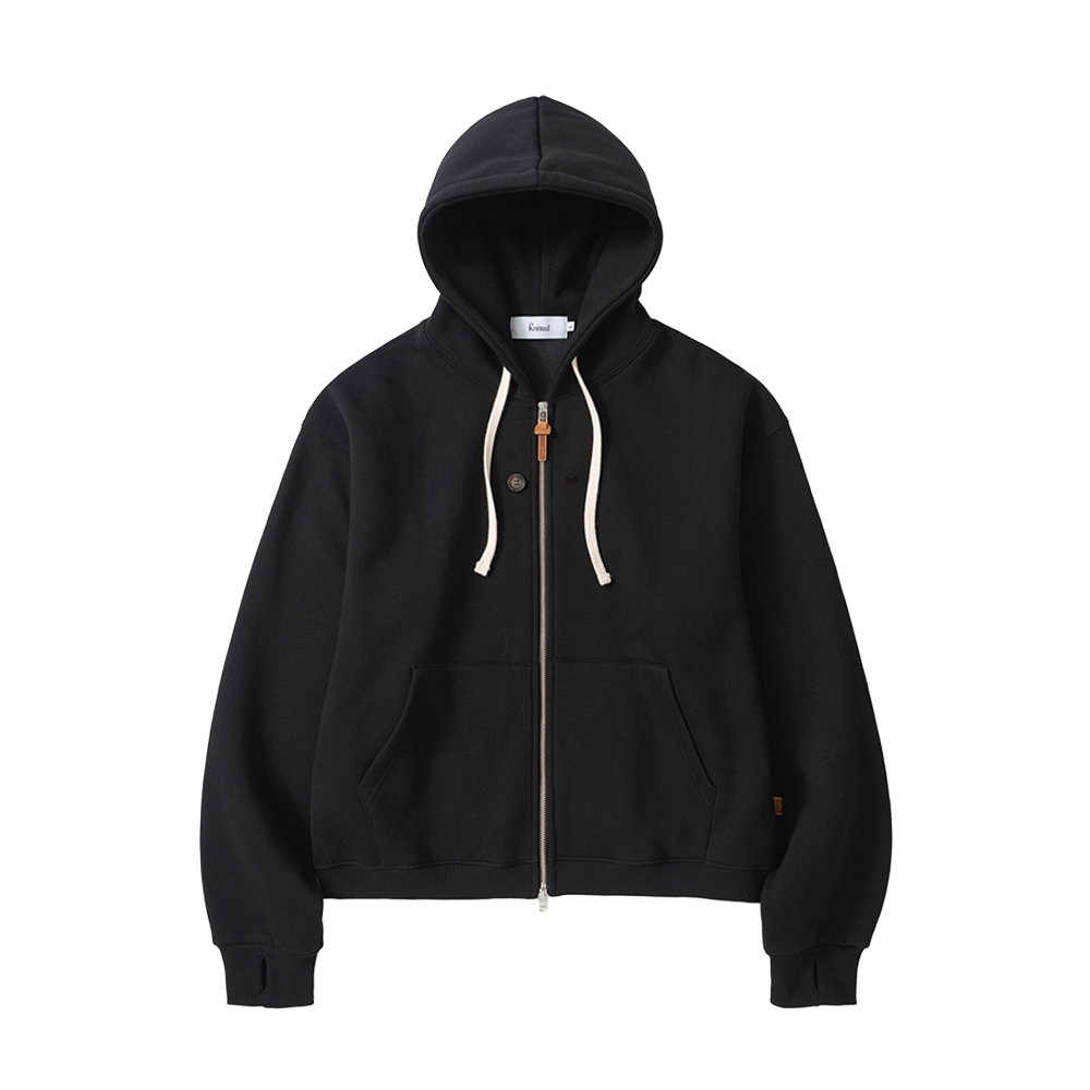 니티드 레더 패치 핑거홀 후드 집업 블랙(Knitted Leather Patch Finger Hole Hoodie Zip Up Black) - 1
