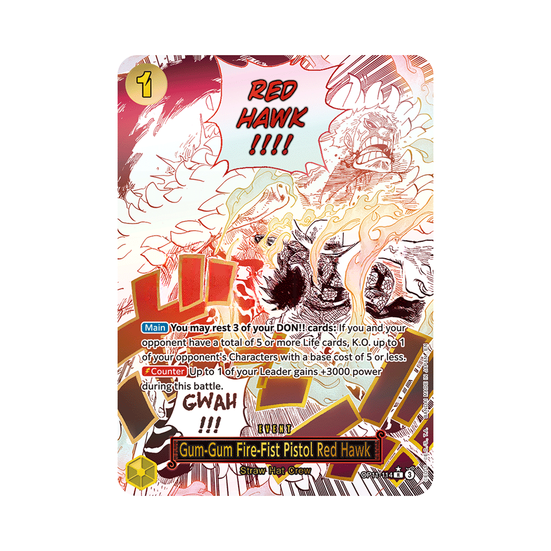 OP11-114-R-P One Piece TCG Gum-Gum Fire-Fist Pistol Red Hawk R-P OP11-114 Booster Pack A Fist of Divine Speed (English Ver.)