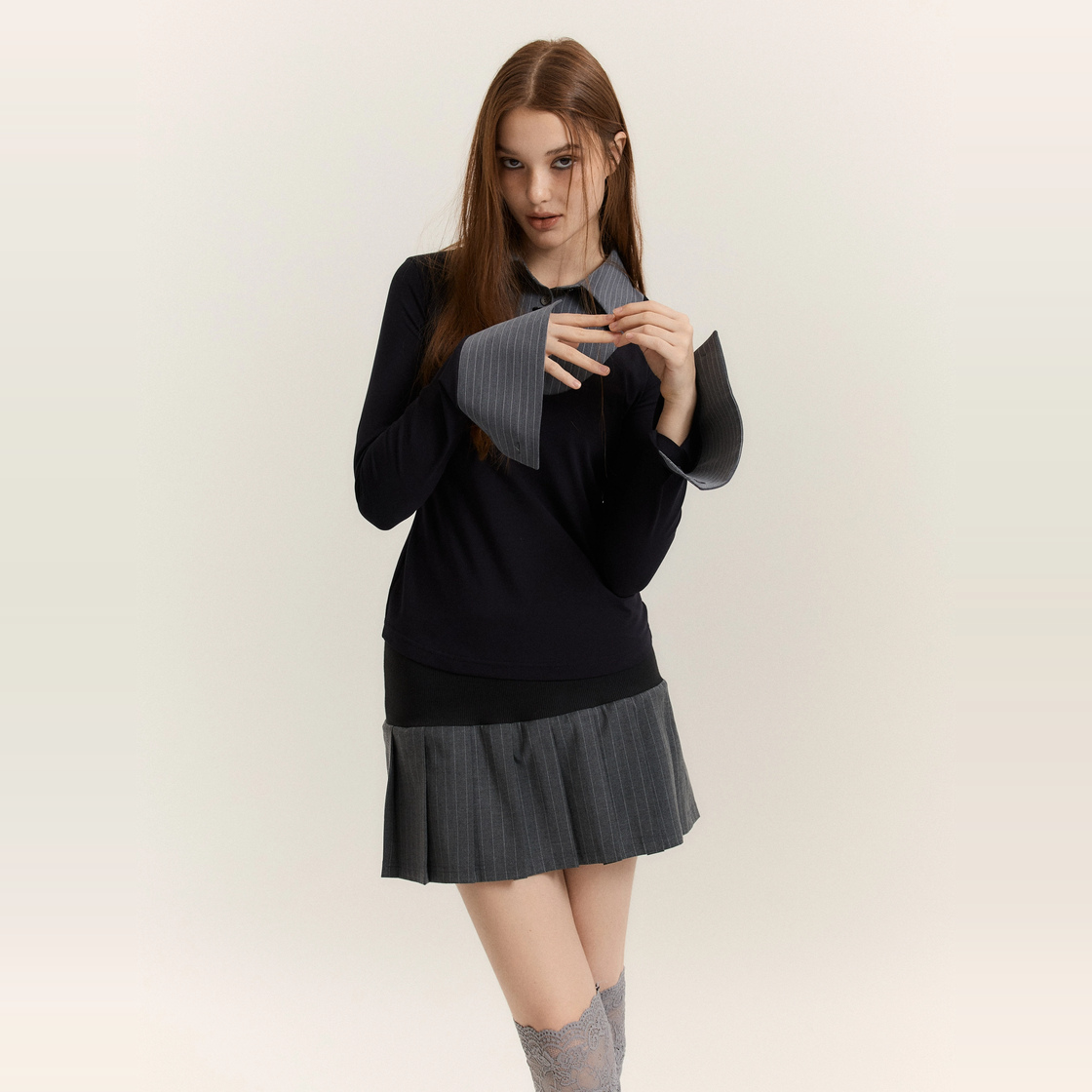 아크메서드 모노 셔츠 레이어드 탑_블랙 + 그레이 스트라이프(ARCMETHOD Mono Shirt-Layered Top - Black + Grey Stripe) - 4