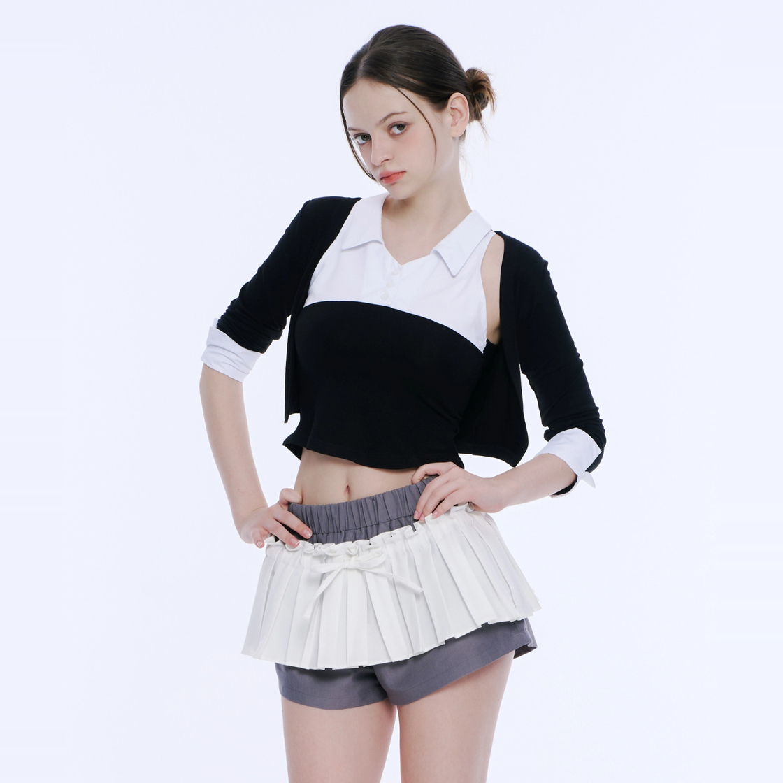 아크메서드 프릴 플리츠 스커트 팬츠 - 화이트 & 그레이(ARCMETHOD Frill Pleated Skirt Pants - White & Grey) - 5