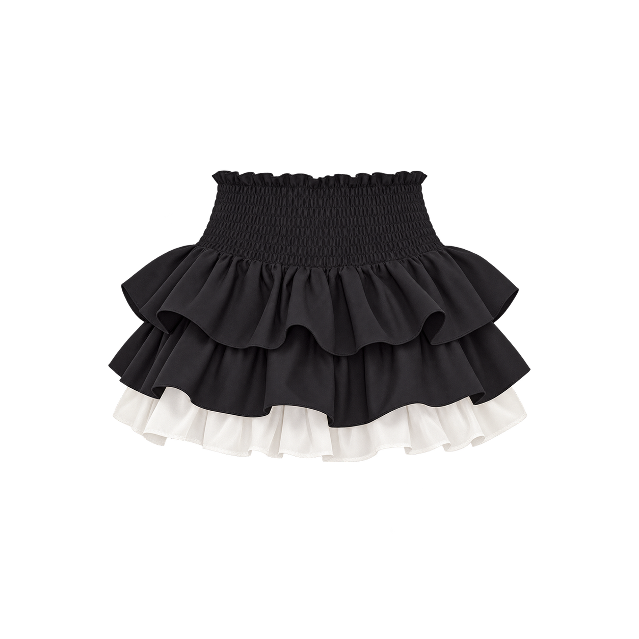 아크메서드 레이어드 러플 스모크 웨이스트 미니 스커트 - 블랙(ARCMETHOD Layered Ruffle Smocked Waist Mini Skirt - Black)