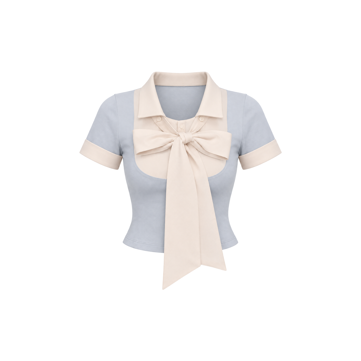 AC-21 ARCMETHOD Layered Ribbon Scarf-Tie Short Sleeve Top - Grey