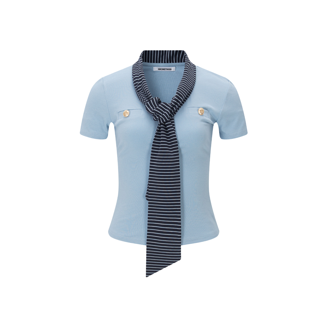 아크메서드 스카프 디테일 버튼 티 - 스카이 블루(ARCMETHOD Scarf Detail Button Tee - Sky Blue) - 1