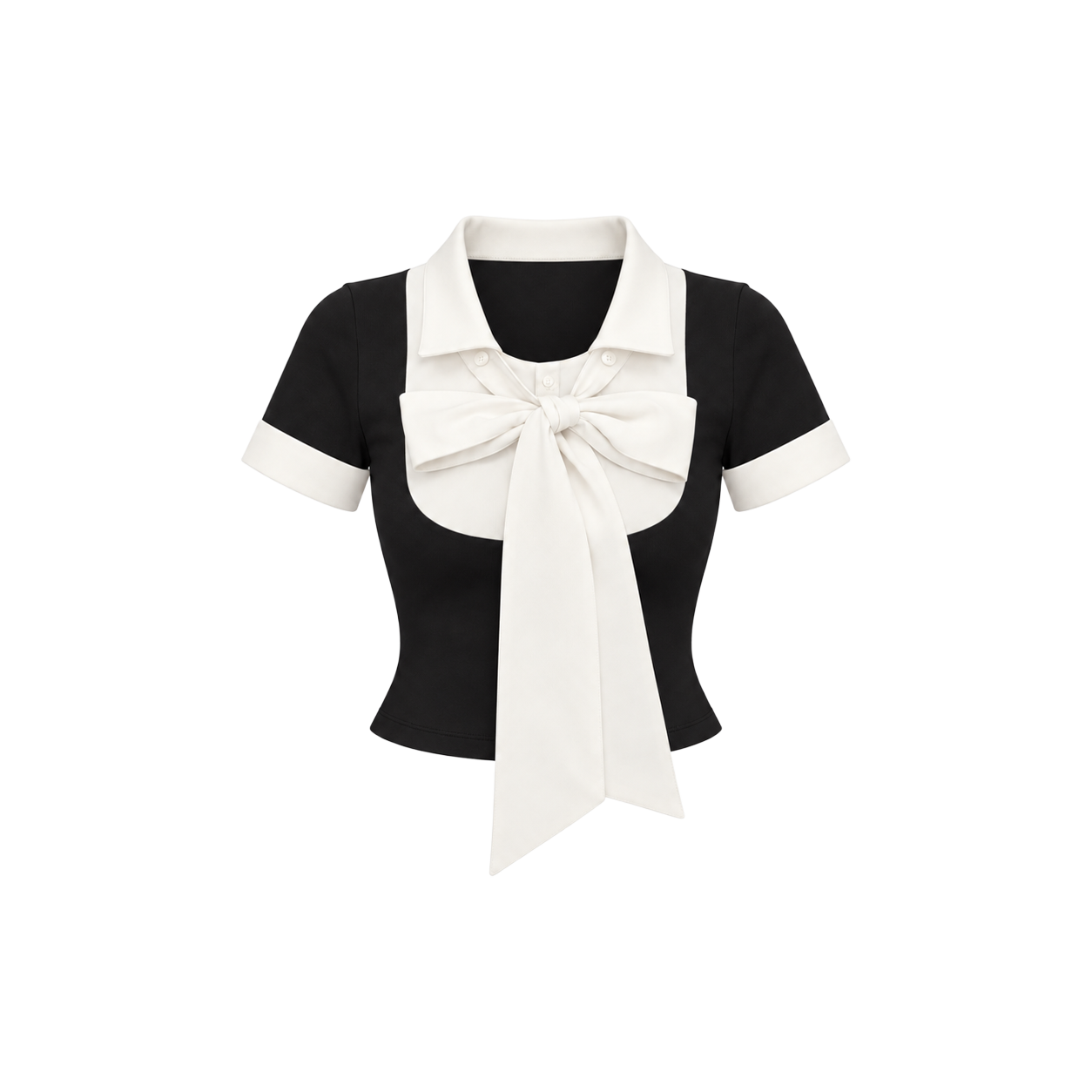 아크메서드 레이어드 리본 스카프 타이 숏슬리브 탑 - 블랙(ARCMETHOD Layered Ribbon Scarf-Tie Short Sleeve Top - Black)