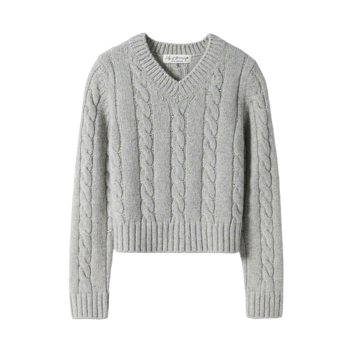 LY26DKN05-gry Lily of Guernsey Nep Yarn Cable V Neck Knit Grey