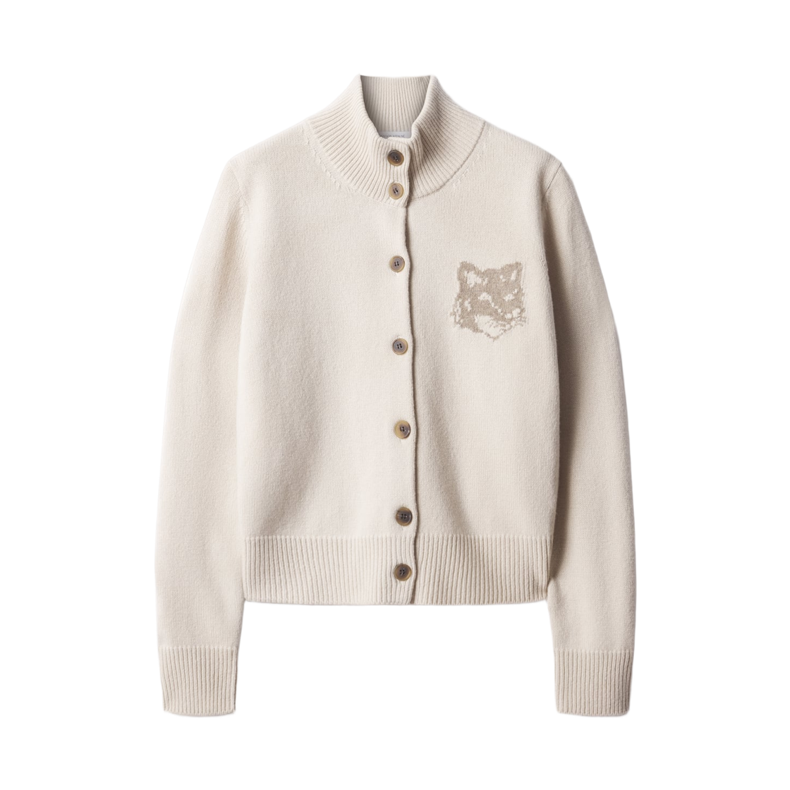 NW00509KM0329-0625 (W) Maison Kitsune Fox Head Intarsia High Neck Cardigan Dusty Beige Taupe Melange
