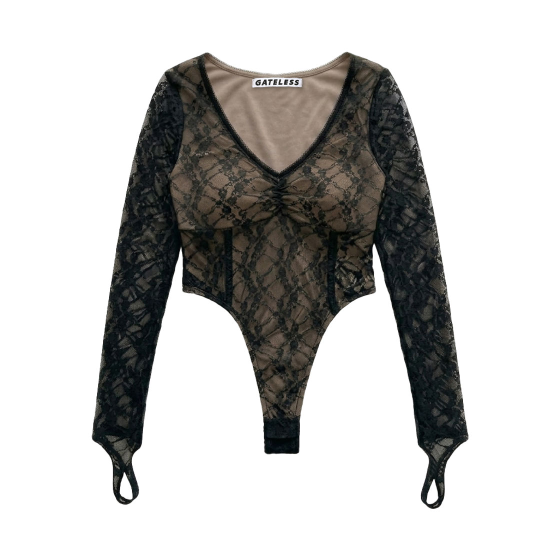 P0000FTU Gateless Fake Bodysuit Long Sleeve-Black