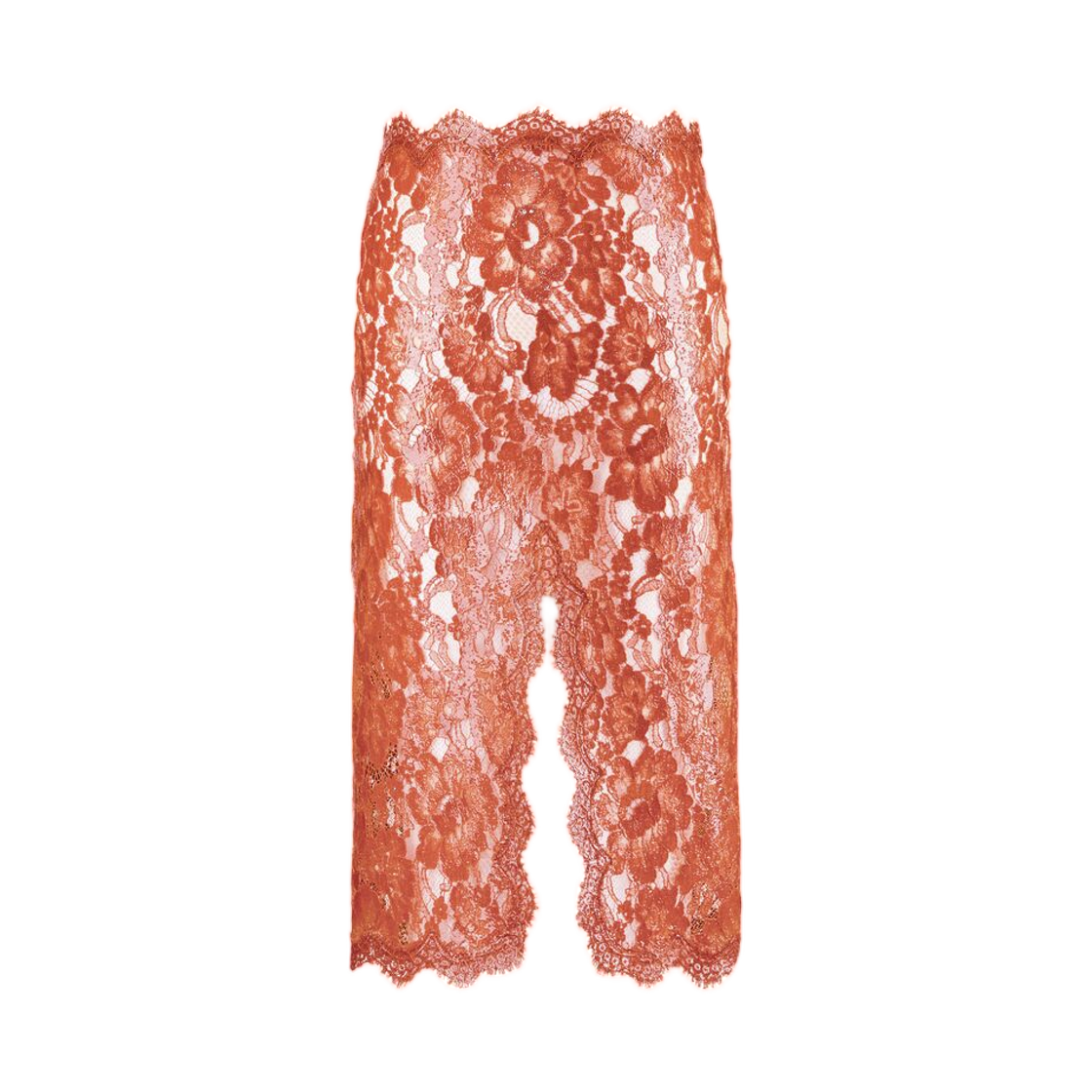 A0066D-Y6L43-6545 (W) Saint Laurent Split Pencil Skirt in Silicone Coated Lace Orange Cuivre