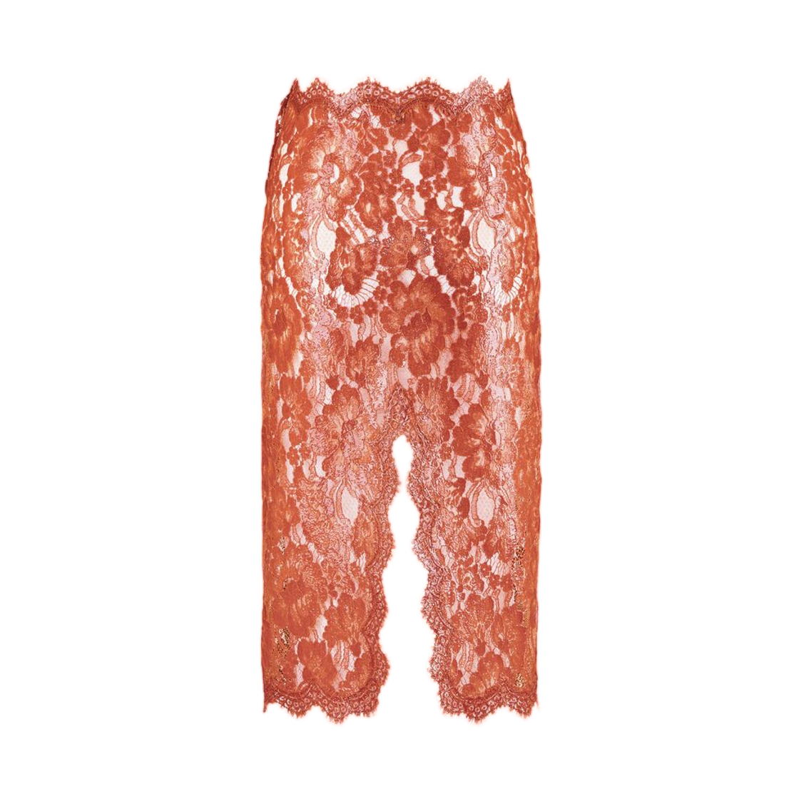 (W) 생로랑 스플릿 펜슬 스커트 실리콘 코티드 레이스 오렌지 퀴브레((W) Saint Laurent Split Pencil Skirt in Silicone Coated Lace Orange Cuivre) - 2