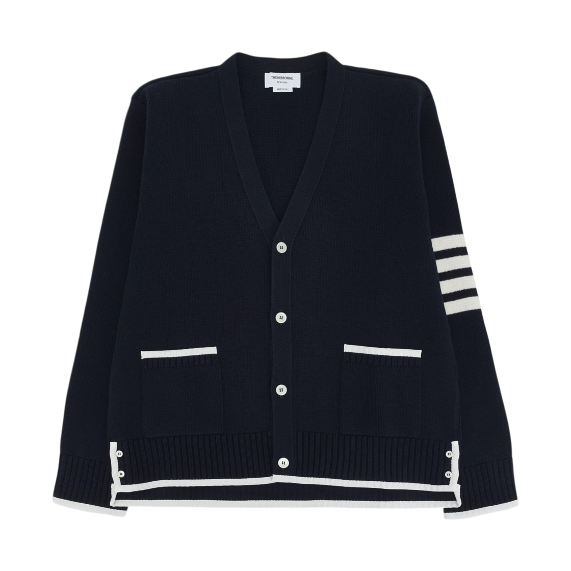 MKC608A-Y1029-415 Thom Browne Milano Stitch Merino Wool 4-Bar V-Neck Cardigan Navy