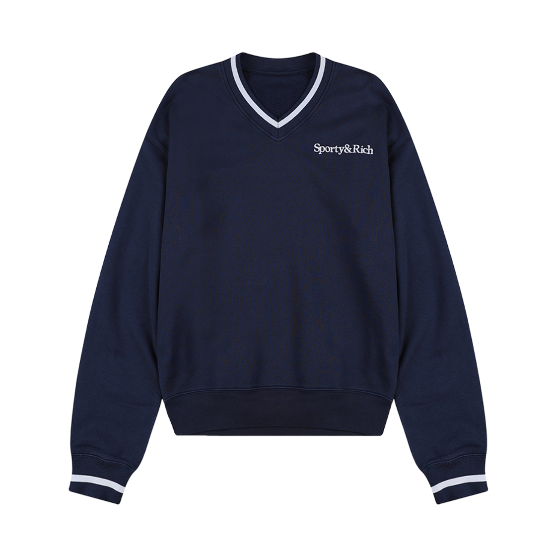 SRD4MT0218NV PEER Sporty & Rich Serif Logo V-Neck Embroidered Sweatshirt Navy