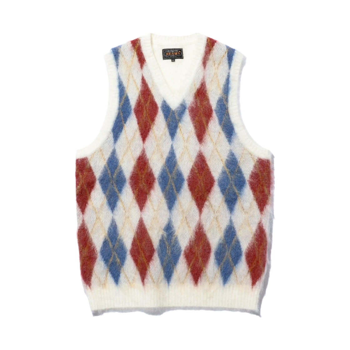 38-05-0067-048 Beams Plus Double Jacquard Argyle Pattern Mohair Knit Vest Off White
