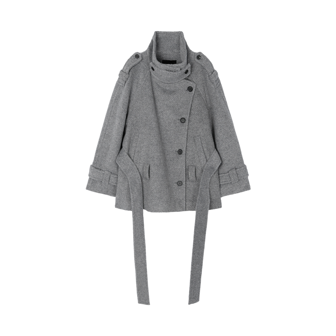 - (W) Treemingbird High Neck Convertible Belted Half Coat Gray
