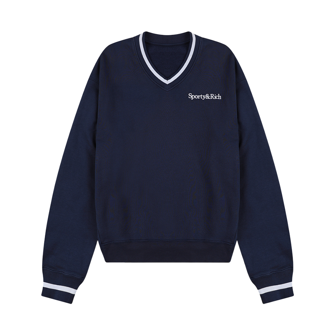 SRD4MT0214NV PEER Sporty & Rich Serif Logo V-Neck Embroidered Sweatshirt Navy
