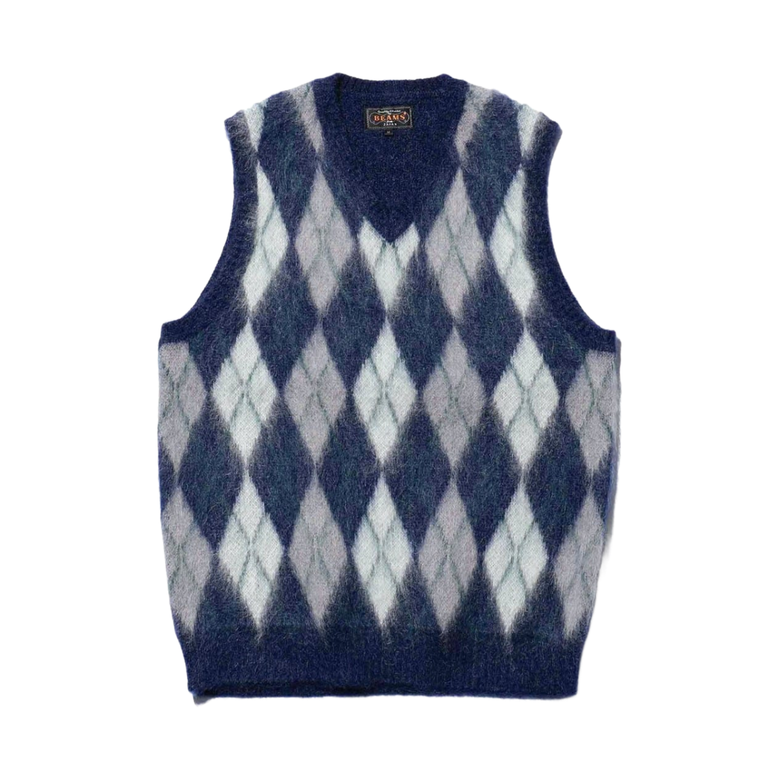 38-05-0067-048 Beams Plus Double Jacquard Argyle Pattern Mohair Knit Vest Navy