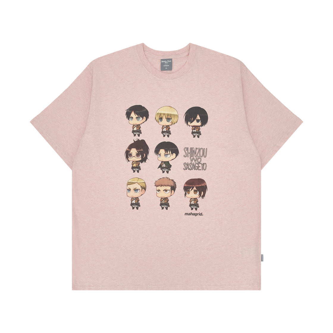 마하그리드 x 진격의 거인 사사게요 캐릭터 티셔츠 핑크(Mahagrid x Attack On Titan Sasageyo Character T-Shirt Pink)