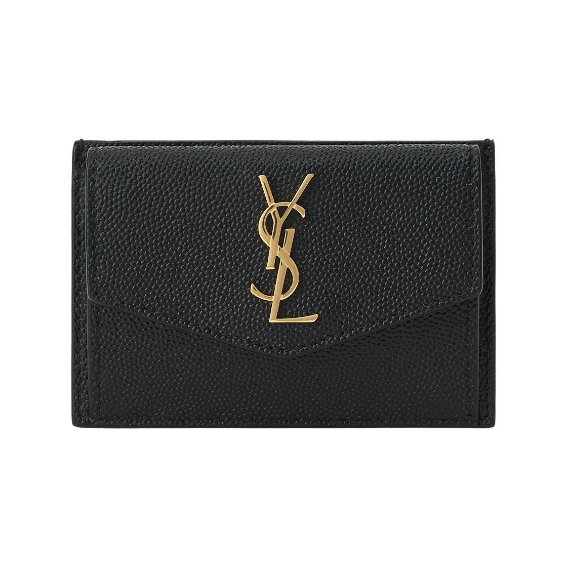 582305-1GF0J-1000 Saint Laurent Gold Monogram Uptown Card Case in Grain de Poudre Embossed Leather Black