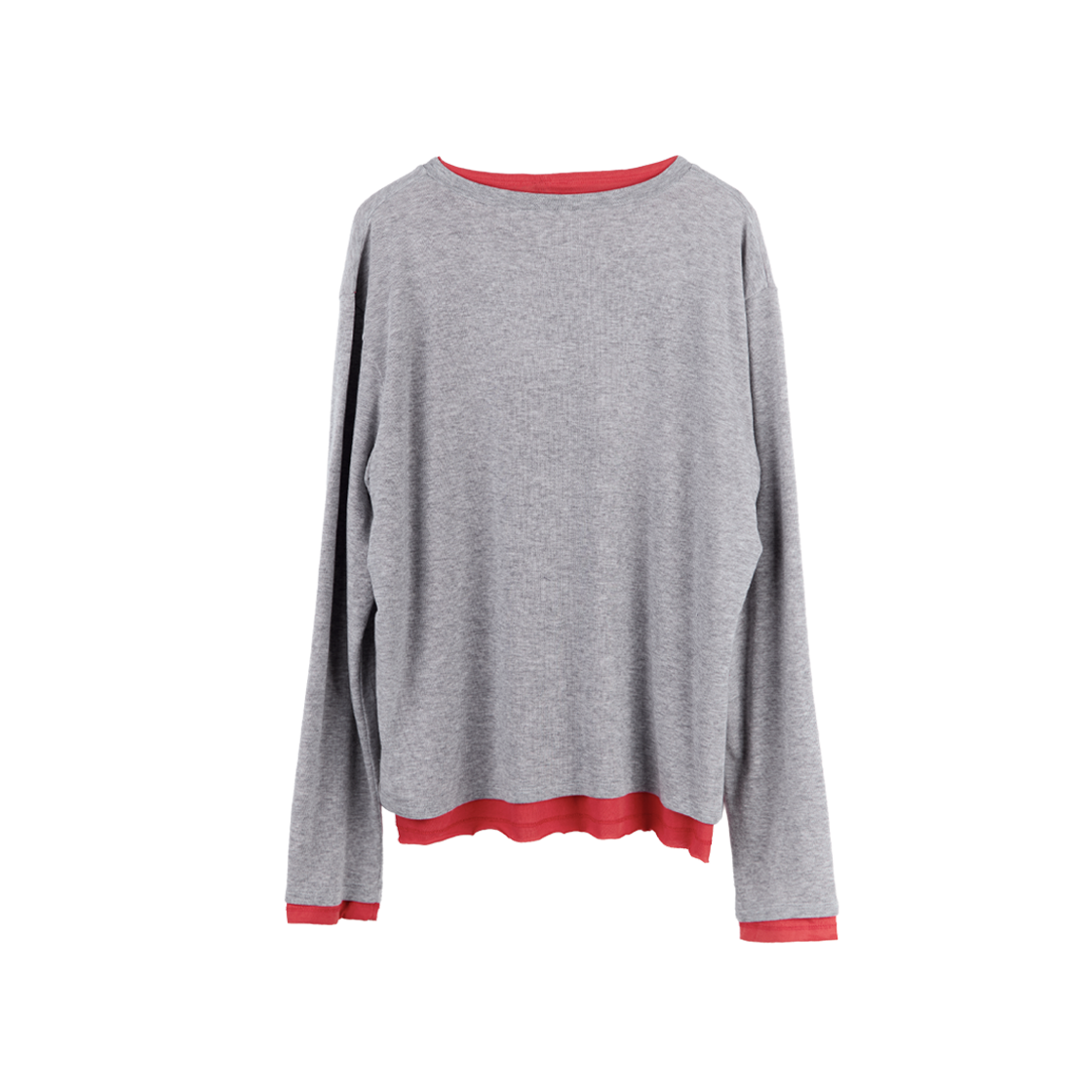 폴리테루 브이넥 니트 레이어드 롱 슬리브 멜란지 그레이 + 레드(Polyteru V-Neck Knit Layered Long Sleeves Melange Gray + Red) - 2