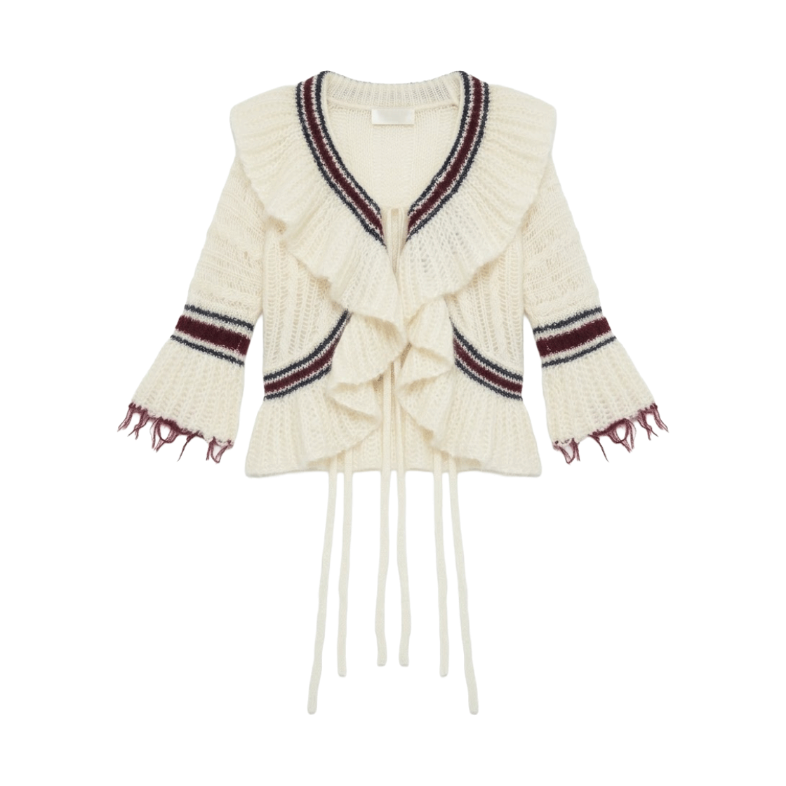KW6DKNCAN20IV [오프라인 전용] Ann Demeulemeester Women Udna Cable Knit Ladder Stitch Cardigan Ruffles And Embroidered Emblem Warm White - 26FW