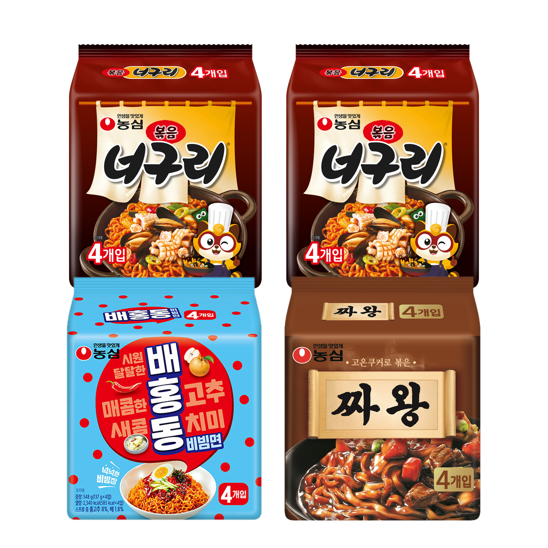 농심 볶음너구리 2팩(8봉)+짜왕 1팩(4봉)+배홍동비빔면 1팩(4봉)(Nongshim Stir-Fry & Bibim & Jjajang Ramen Assortment, 16 Packs)