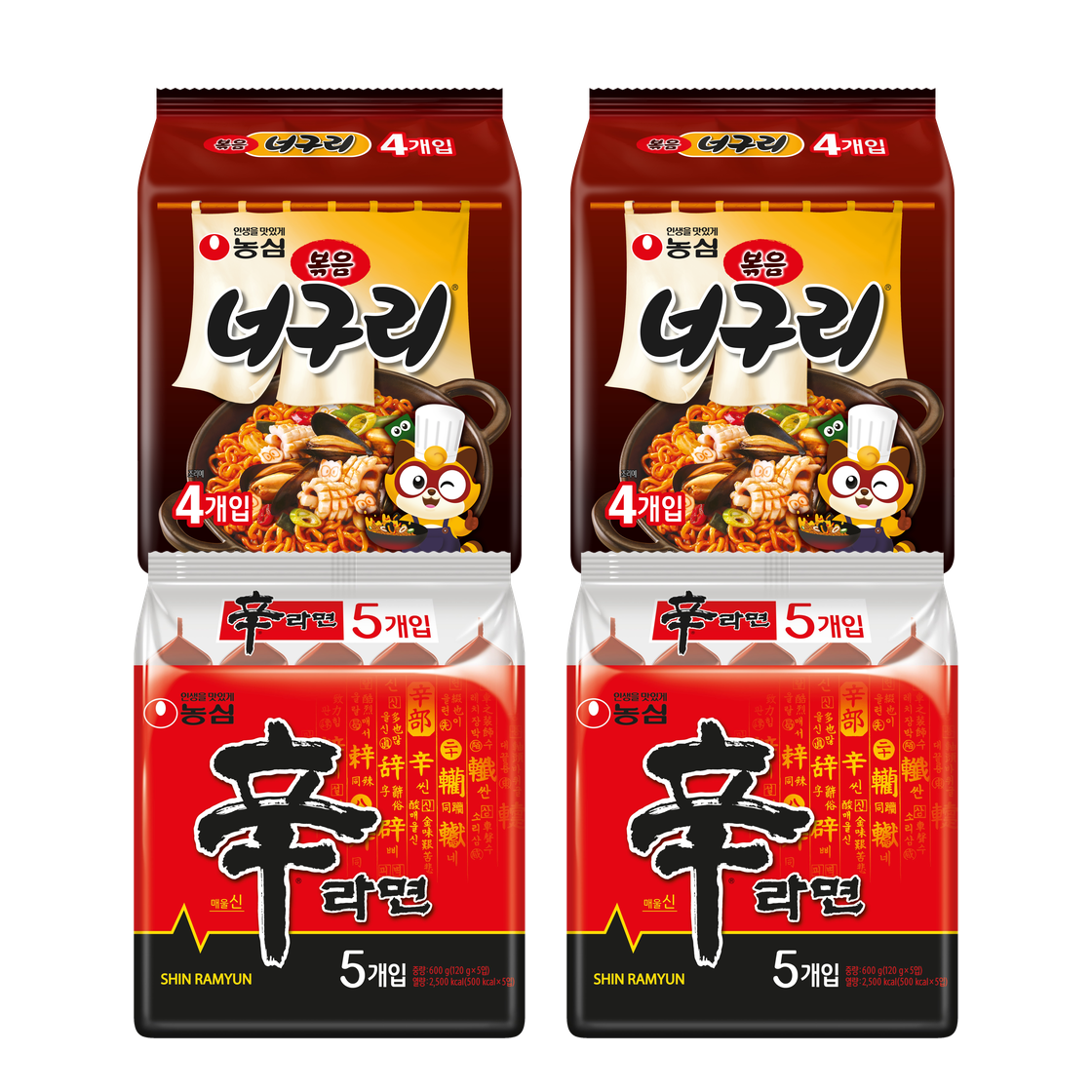 농심 볶음너구리 2팩(8봉)+신라면 2팩(10봉)(Nongshim Stir-Fried Neoguri 2 Packs + Shin Ramyun 2 Packs)