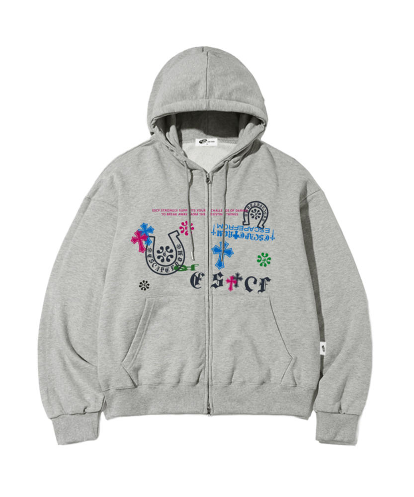 E262HZ030GR ESCAPEFROM MOTIVE Mix Print Two-Way Hoodie Zip Up Gray