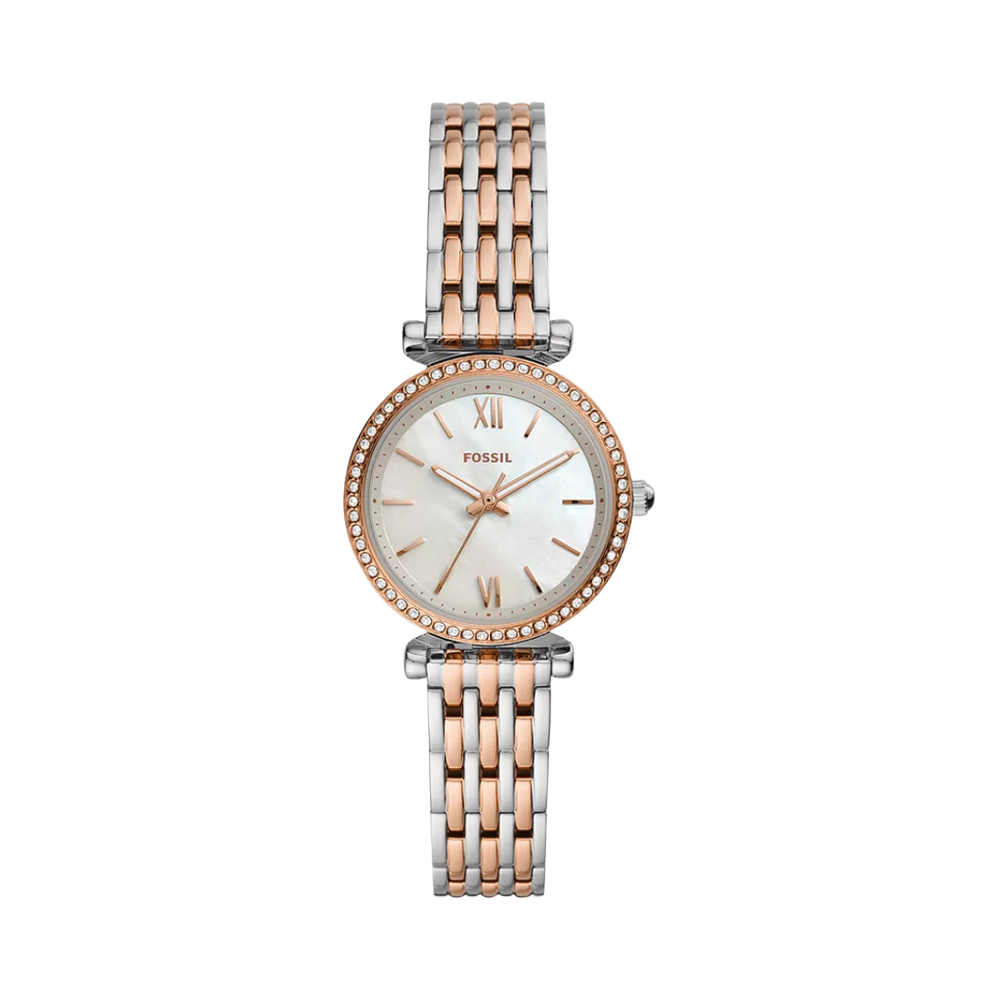 ES4649 (W) Fossil Carlie Mini Quartz Three-Hand 28mm Two-Tone Stainless Steel White Mother of Pearl Silver Rose